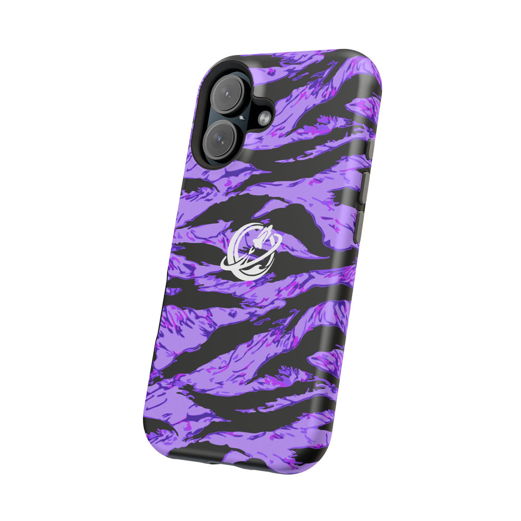 Purple Panther Tiger Stripe MagSafe phone case by Printify featuring bold tiger stripe pattern on a sleek protective cover.