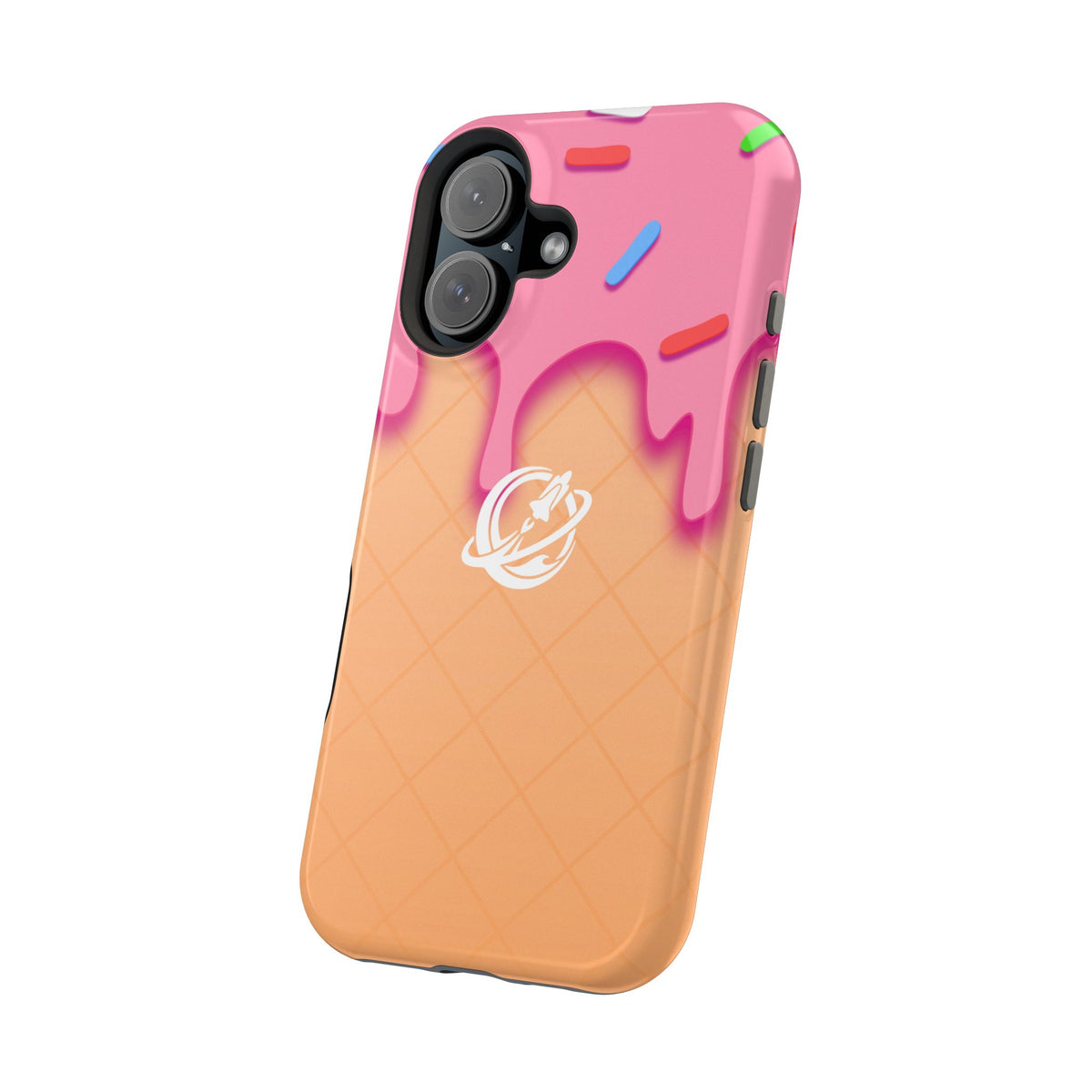 Printify strawberry drip MagSafe phone case with colorful strawberry design on a sleek protective case for iPhone.