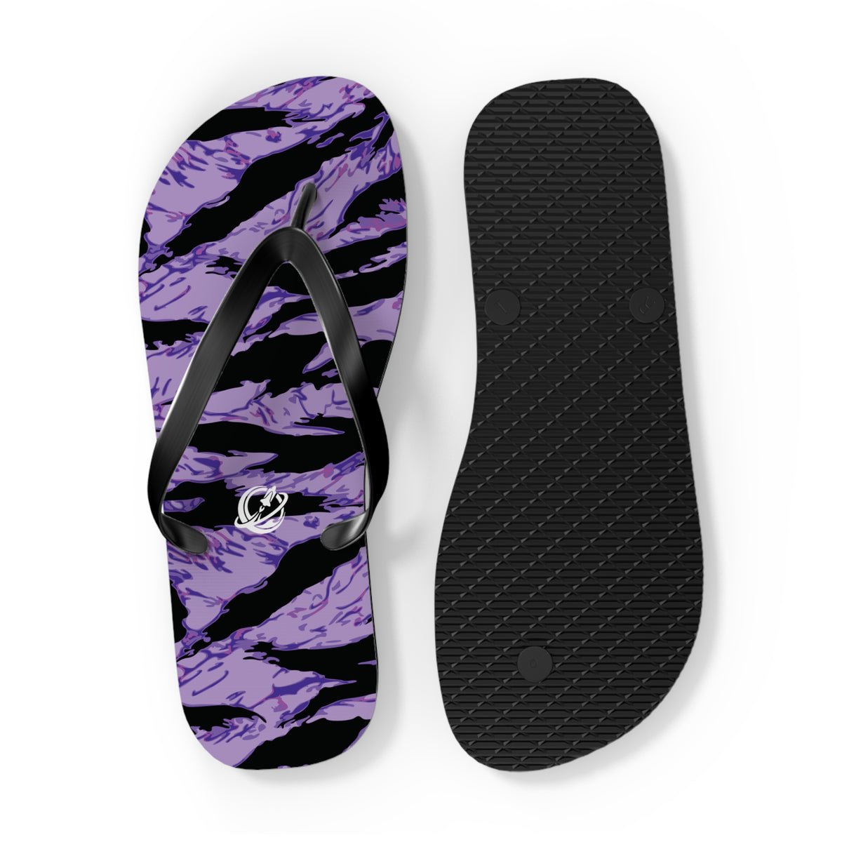 Purple Panther tiger stripe flip flops from Printify featuring bold, colorful pattern and comfortable shoe design.