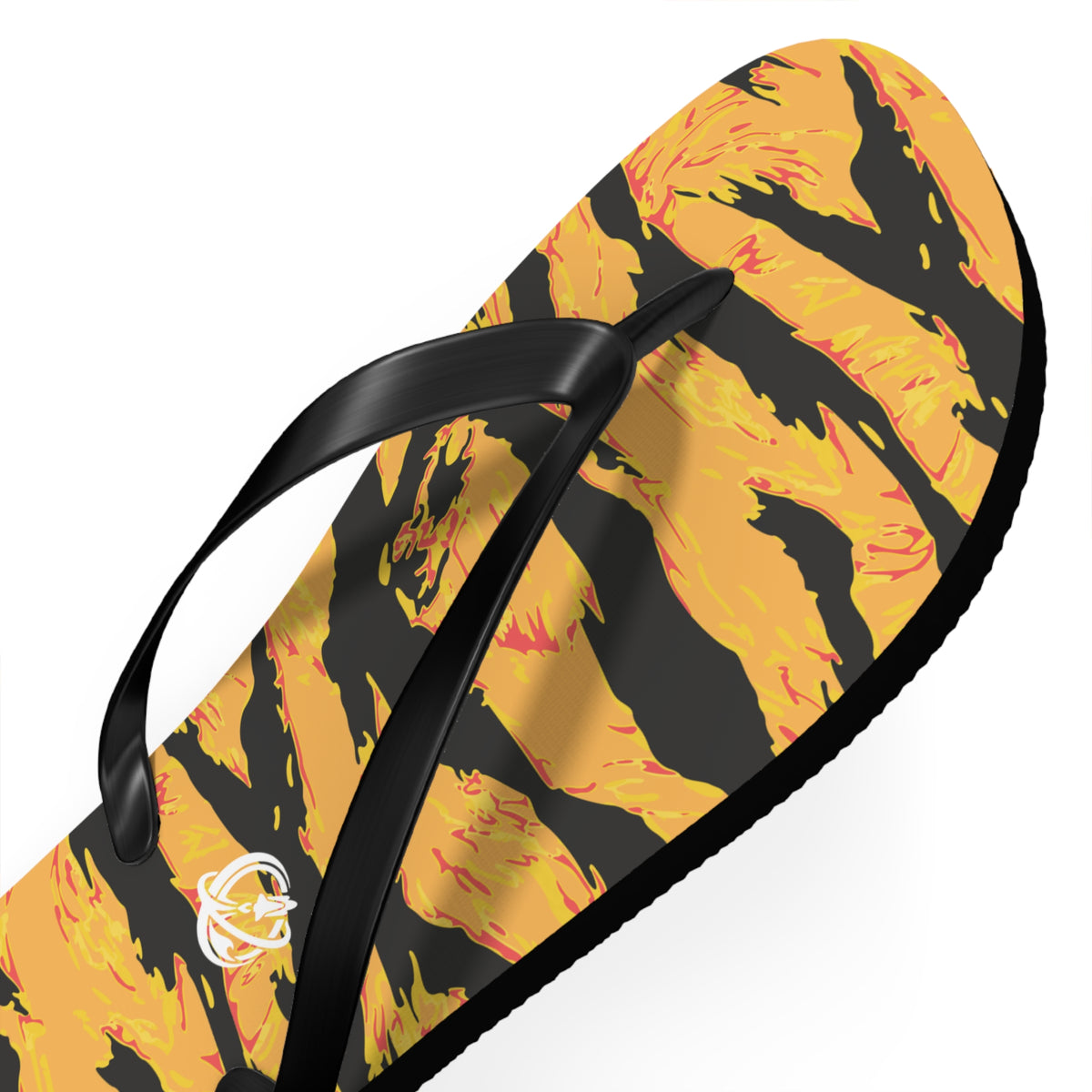 Tangerine tiger stripe flip flops by Printify featuring bright orange and black tiger print design on casual shoes