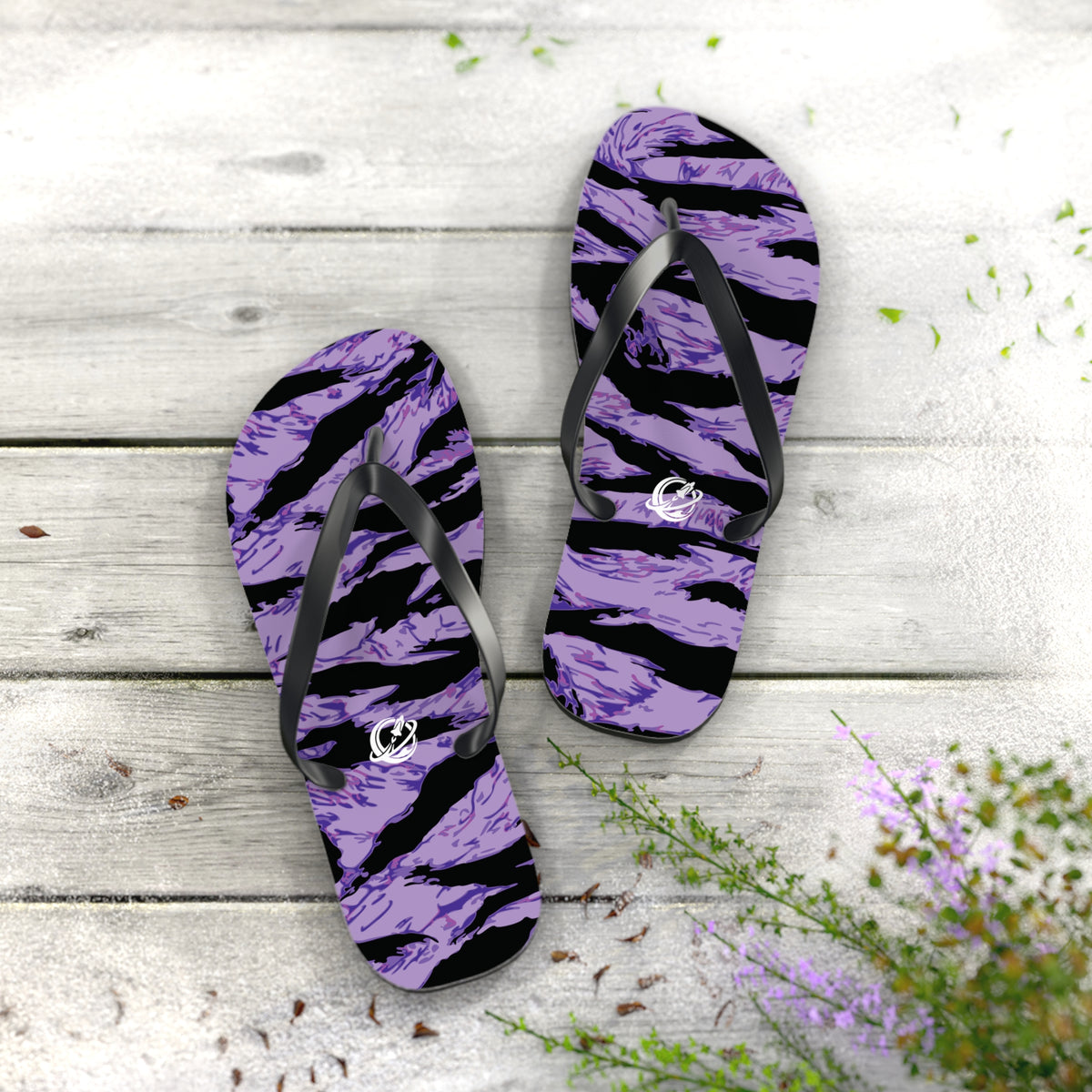 Purple Panther Tiger Stripe flip flops by Printify, featuring vibrant animal print design and comfortable footwear style.