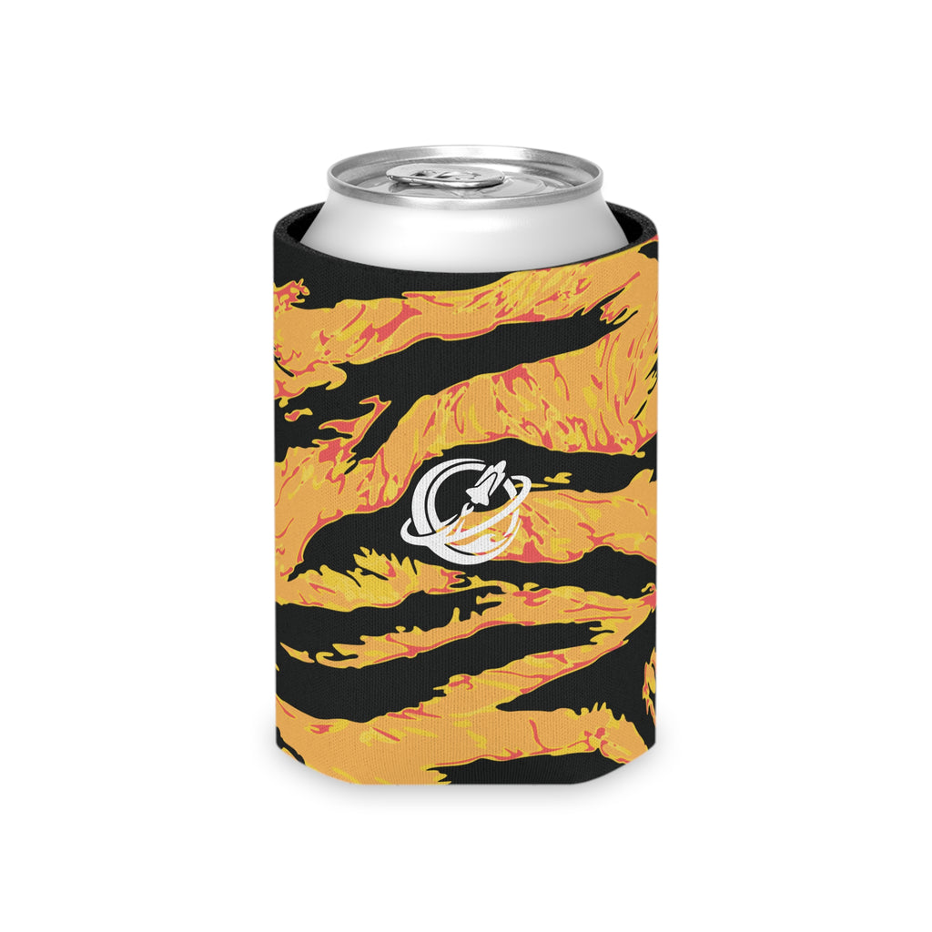 Tangerine tiger stripe drink jacket accessory with bold orange and black tiger stripe pattern, designed by Printify.
