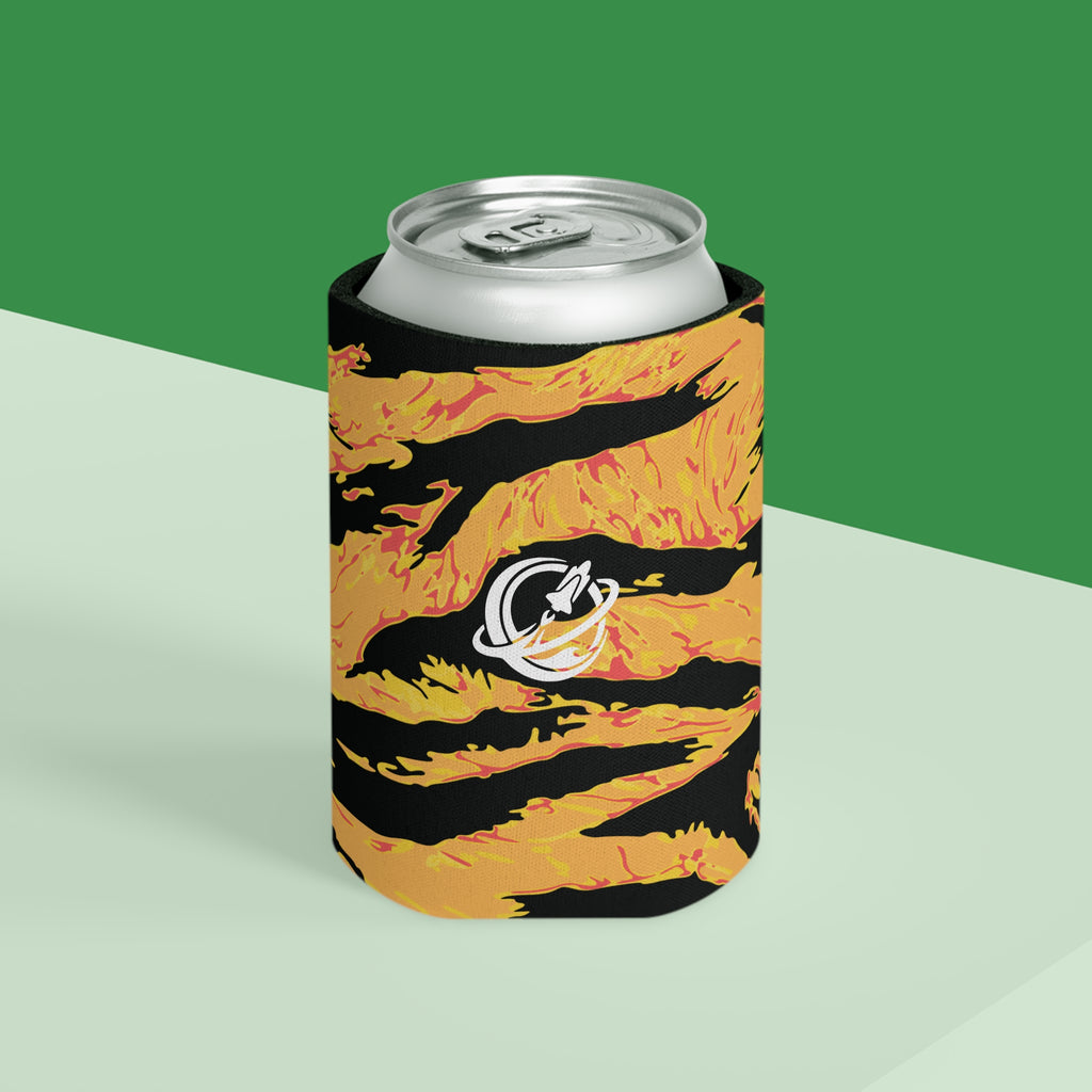 Tangerine tiger stripe drink jacket accessory with bold orange and black tiger stripe pattern, made by Printify.