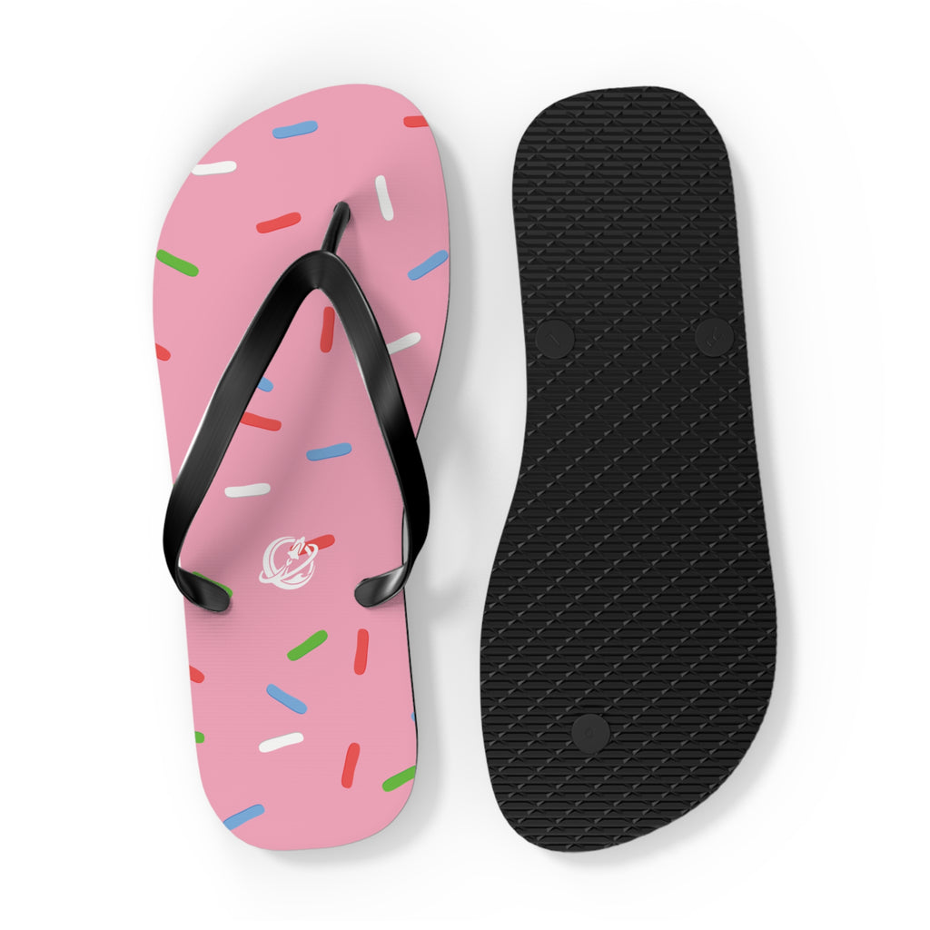 Printify strawberry sprinkle flip flops showing colorful strap and patterned sole, perfect for casual summer footwear.