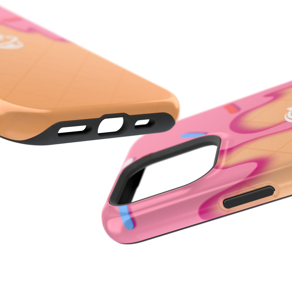 Printify strawberry drip MagSafe phone case with colorful design on a smartphone, showcasing a protective and stylish accessory.