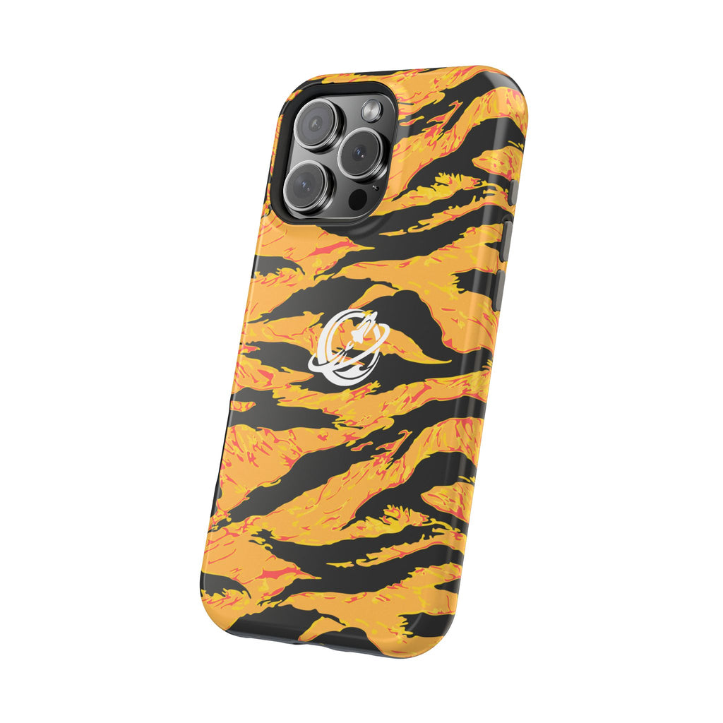 Tangerine tiger stripe MagSafe phone case by Printify showing bright orange and black tiger stripe pattern on a compatible iPhone case.