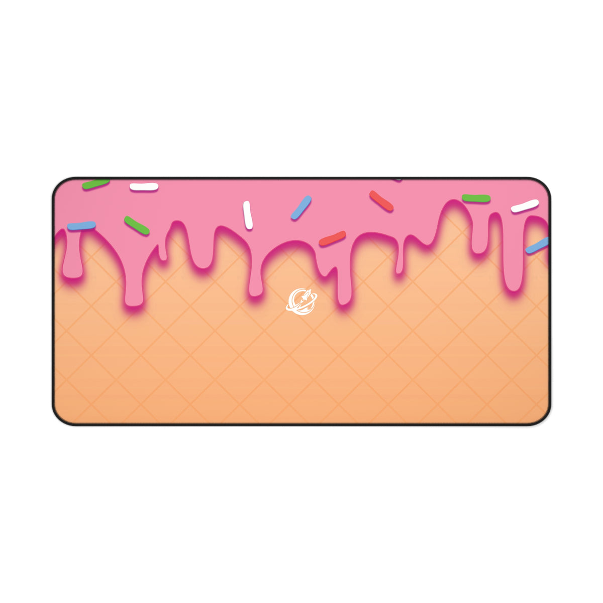 Strawberry drip desk mat from Printify, vibrant home decor with a colorful, artistic strawberry drip design on a fabric surface.