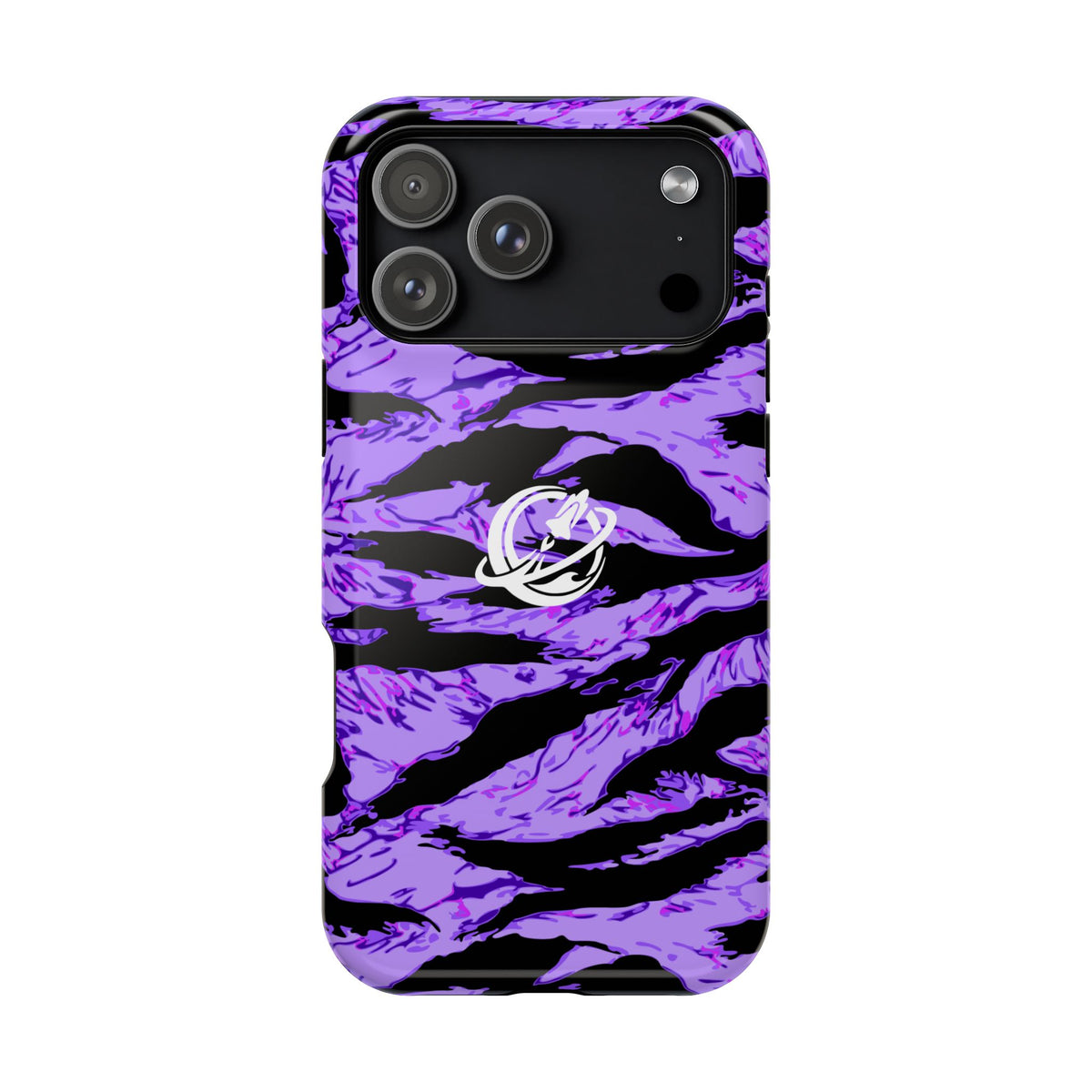 Printify purple tiger stripe Magsafe phone case with leopard pattern for iPhone, showcasing vibrant design and secure magnetic feature.