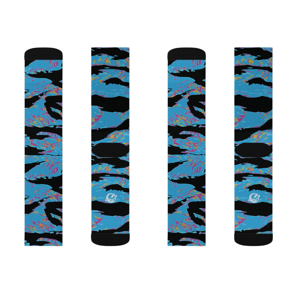 Miami Tiger Stripe crew socks with bold tiger stripe print, made by Printify, featuring a colorful all-over pattern on soft fabric.
