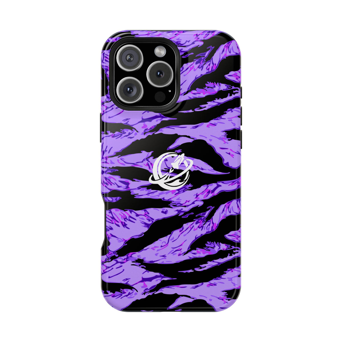 Purple Panther Tiger Stripe MagSafe phone case by Printify featuring bold tiger stripe pattern and secure MagSafe compatibility.