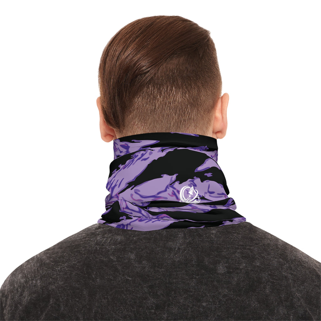 Purple tiger stripe lightweight neck gaiter with all-over print, branded by Printify, shown in close-up on a neutral background.