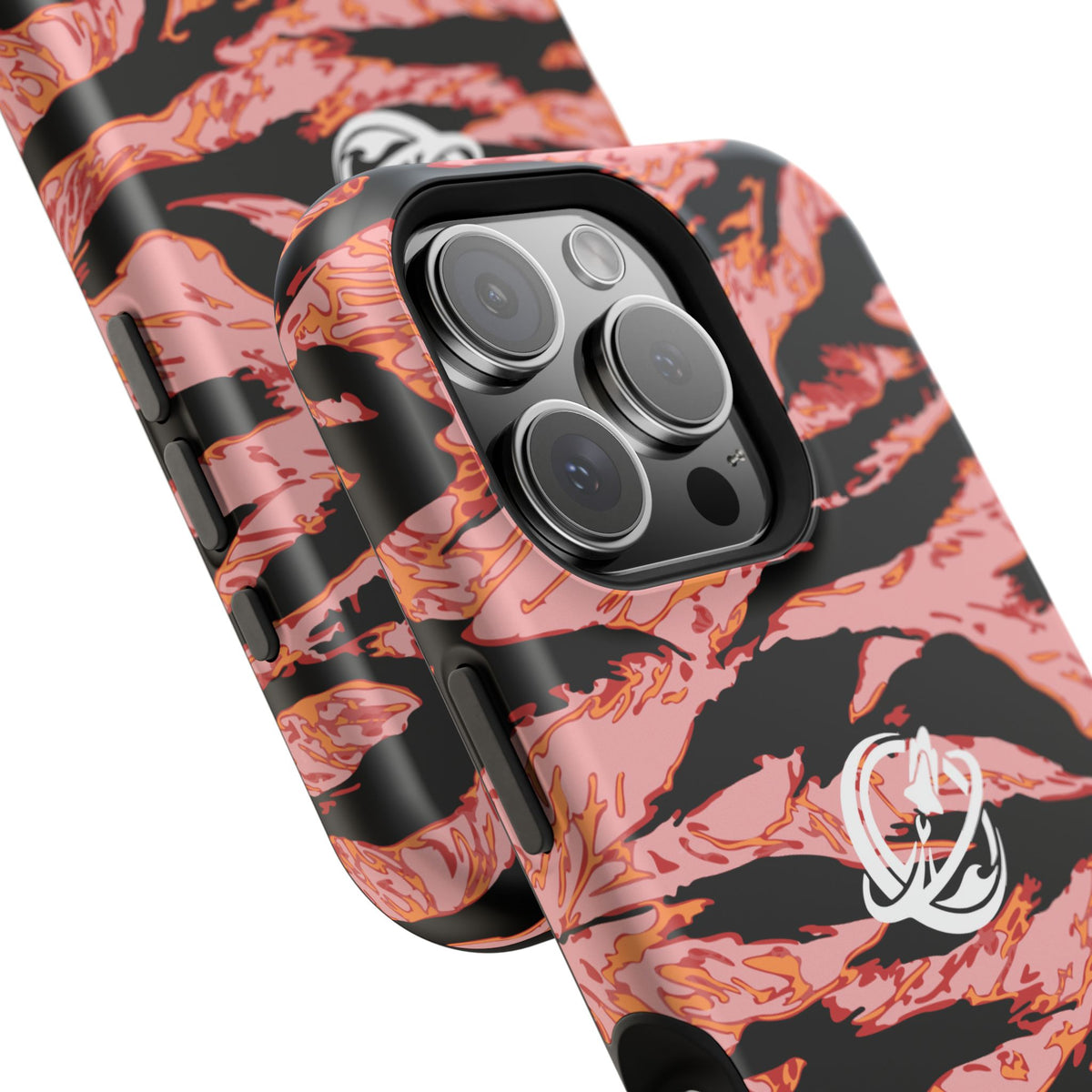 Blood orange tiger stripe MagSafe phone case by Printify featuring vibrant orange and black tiger stripe pattern for iPhone protection.