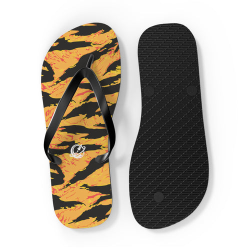 Tangerine tiger stripe flip flops with orange and black pattern, casual shoes by Printify, featuring comfortable rubber soles.