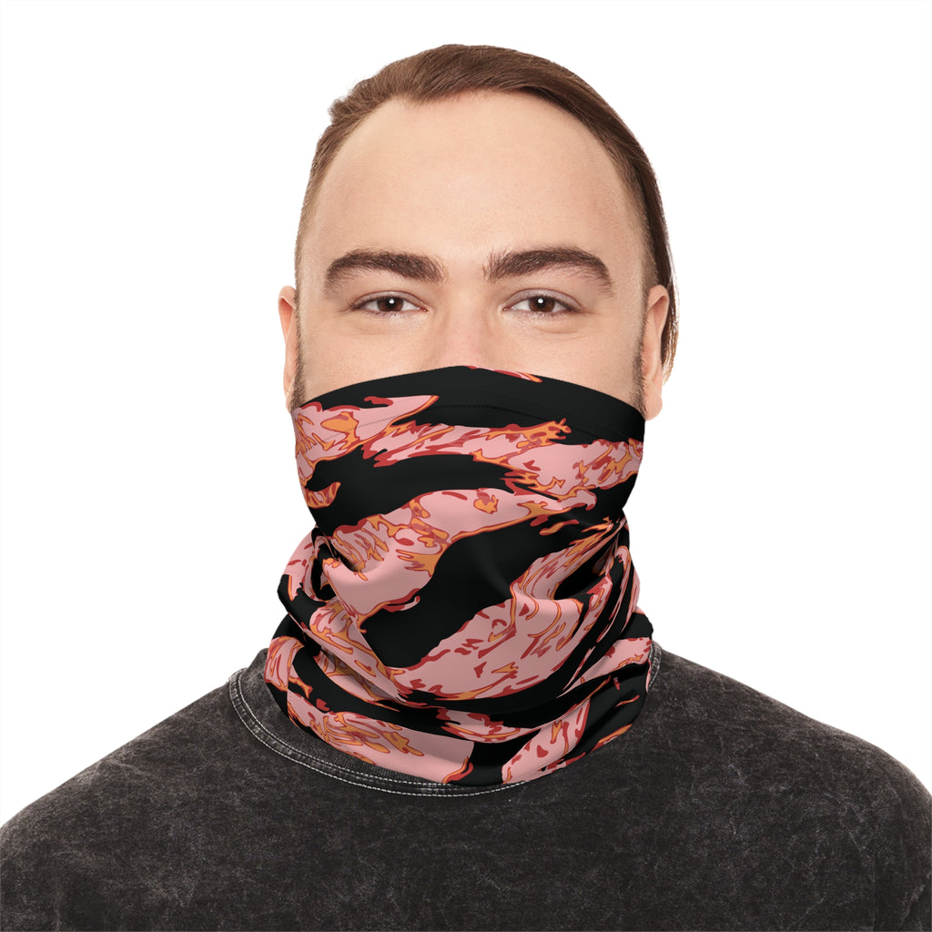 Blood orange tiger stripe lightweight neck gaiter with all-over print, featuring vibrant orange and black tiger stripe pattern.