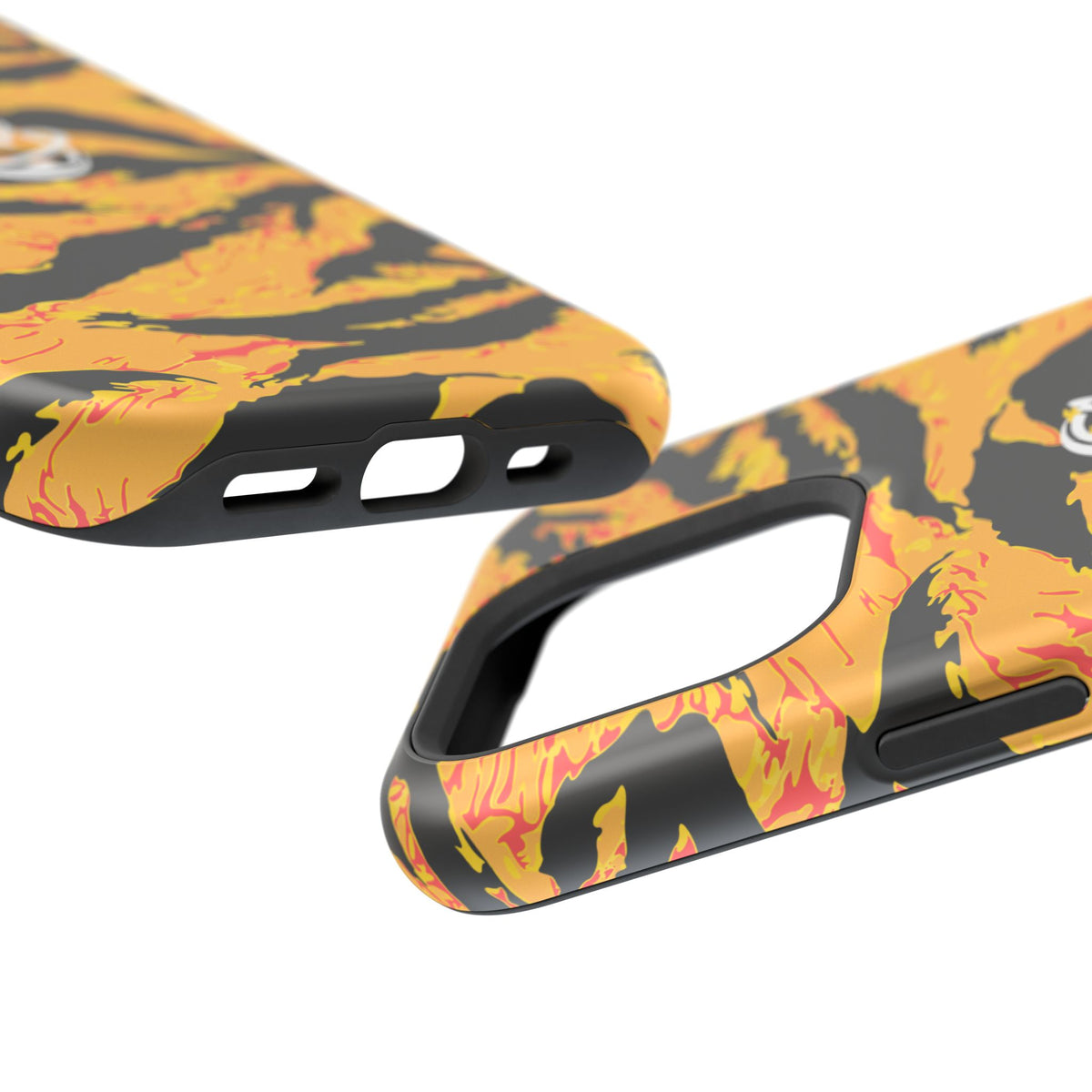 Tangerine tiger stripe MagSafe phone case by Printify featuring vibrant orange and black tiger stripe pattern on a protective case.