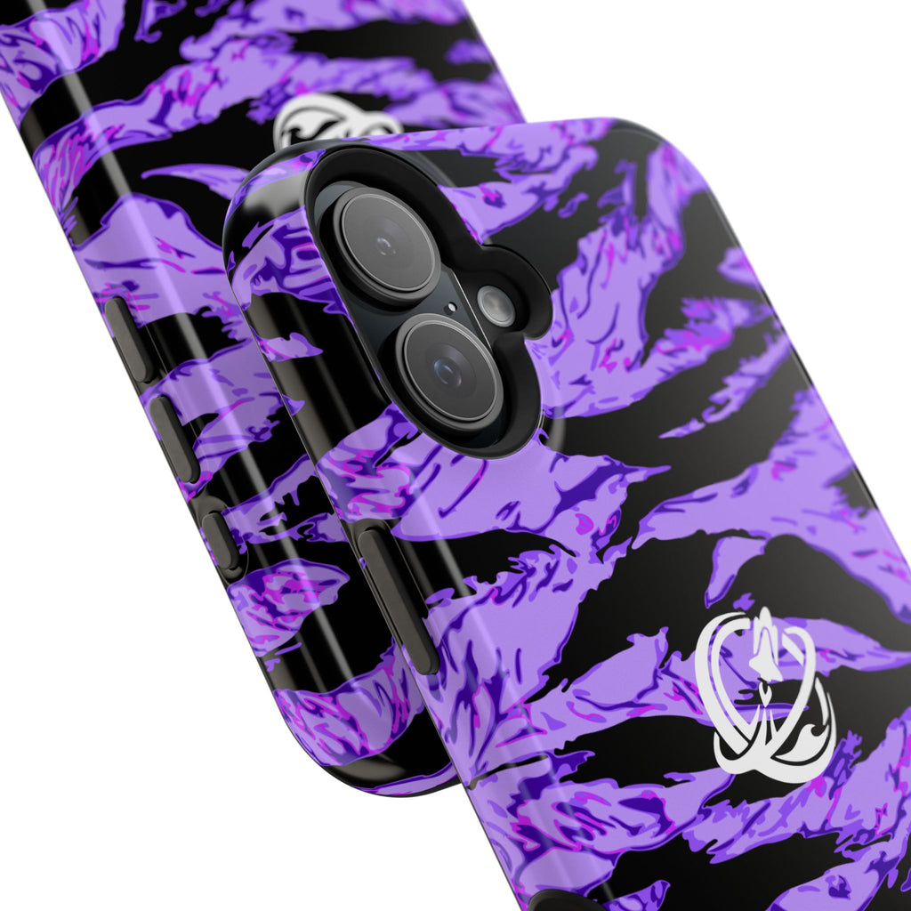Purple Panther tiger stripe MagSafe phone case by Printify, showing the vibrant, patterned design on a compatible iPhone case.
