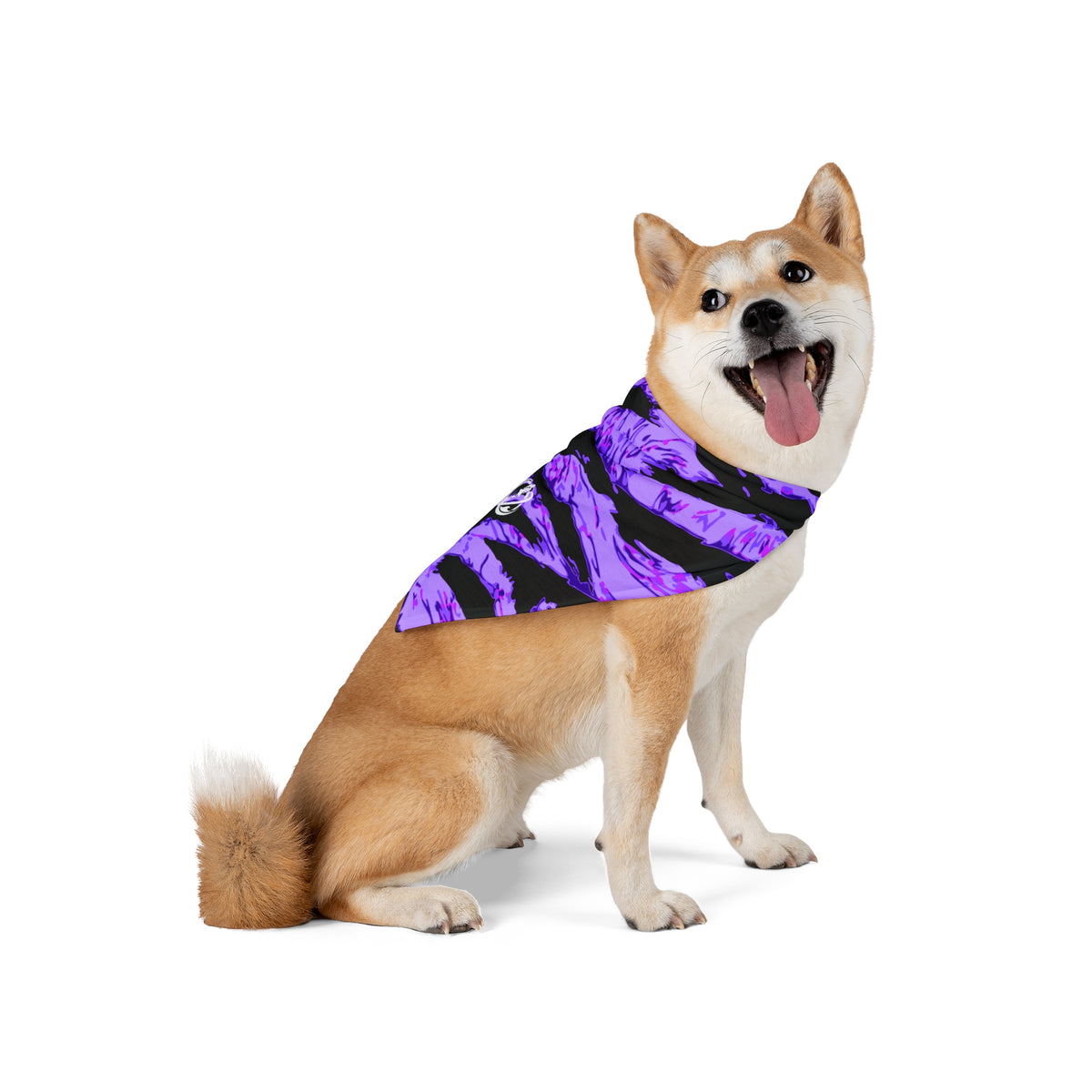 Purple Panther tiger stripe pet bandana with bold feline pattern, made for pets by Printify.