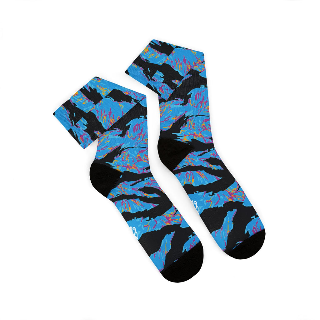 Printify Miami Tiger Stripe crew socks with bold all-over tiger stripe print and vibrant colors, designed for comfortable wear.