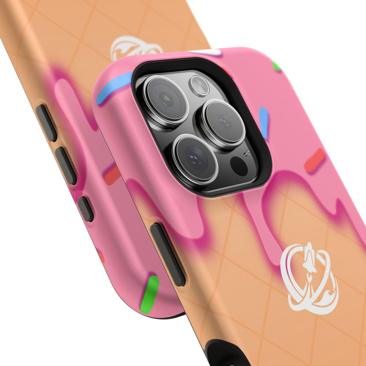 Printify strawberry drip MagSafe phone case with colorful berry design on a clear protective cover for iPhone.