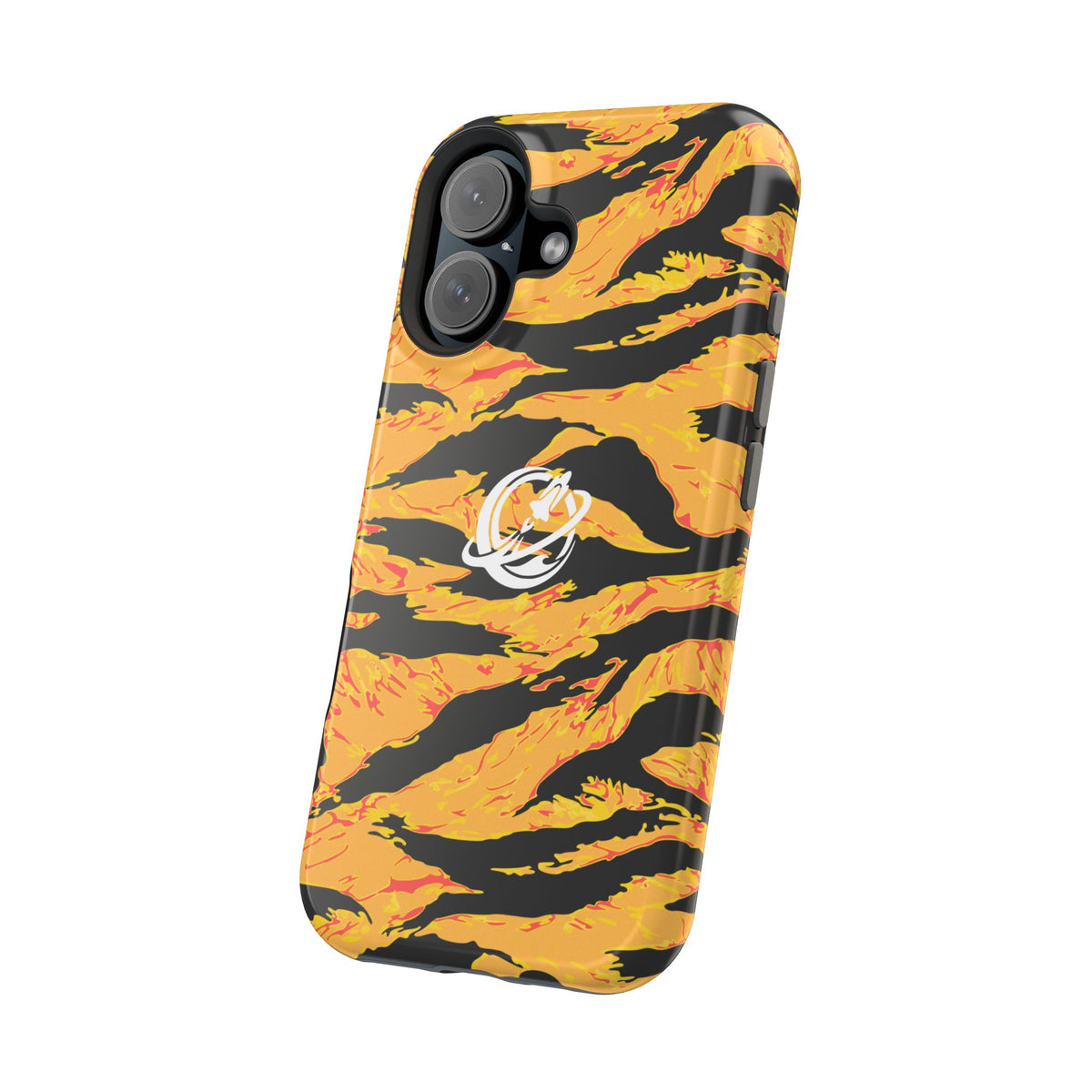 Tangerine tiger stripe MagSafe phone case by Printify showing vibrant orange and black tiger pattern on durable phone cover.