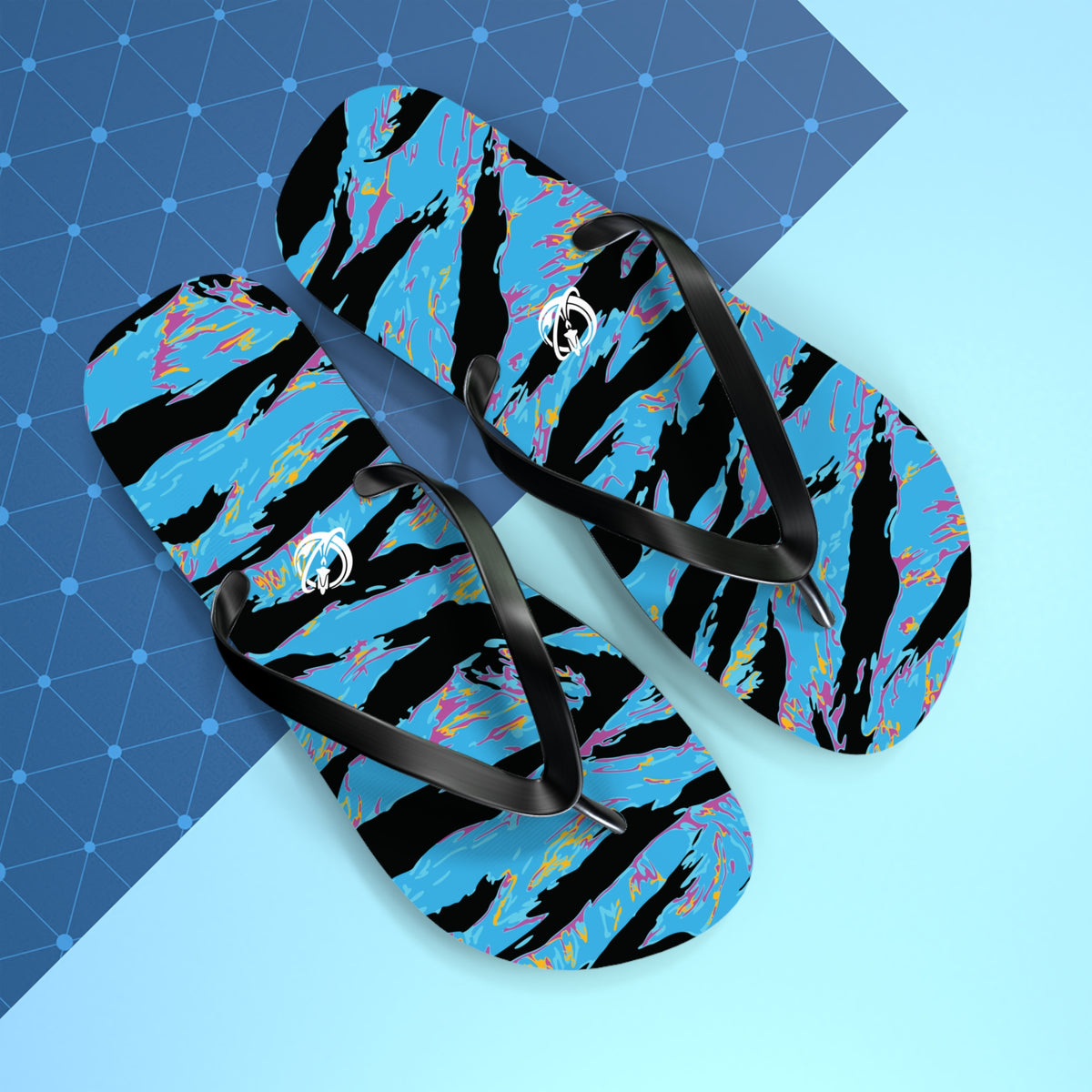 Miami Tiger Stripe Flip Flops by Printify, showing colorful striped footwear with open-toe design and comfortable sole.