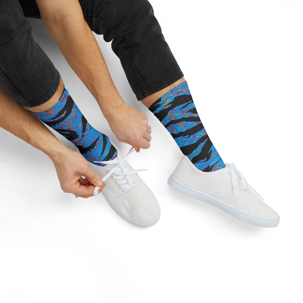 Miami Tiger Stripe Crew Socks with bold tiger stripe pattern, all-over print design by Printify, shown on a white background.