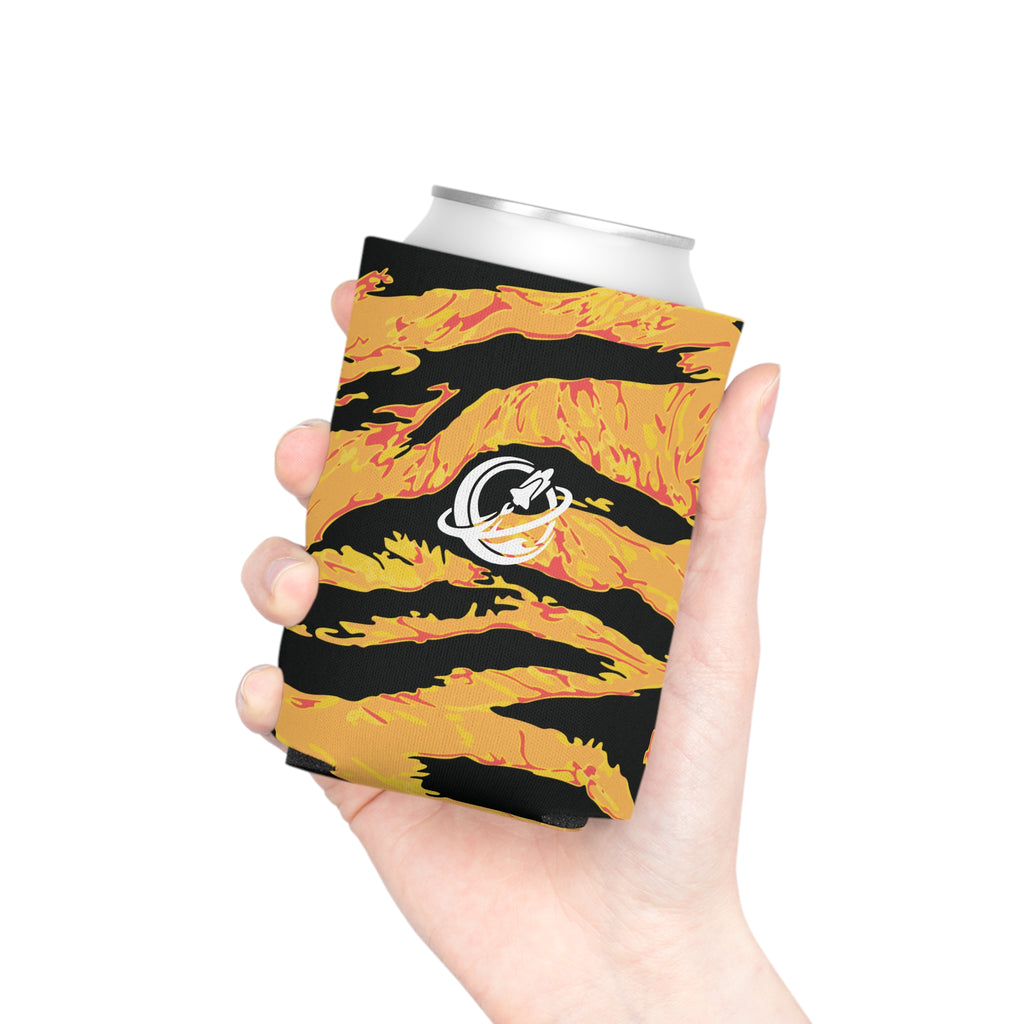 Tangerine tiger stripe drink jacket accessory with bold orange and black tiger stripe design on a flexible drink cover.