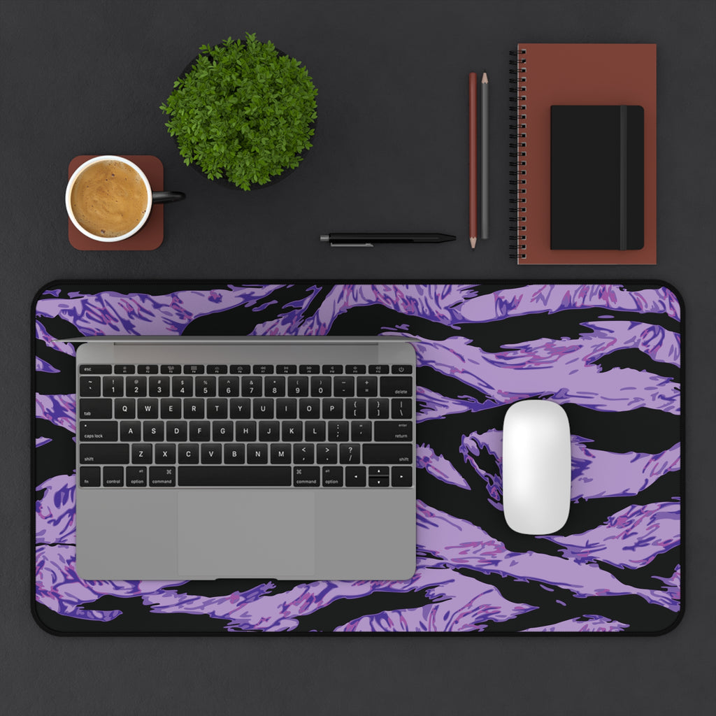 Purple Panther Tiger Desk Mat for home decor from Printify, featuring a vibrant purple tiger design on a smooth surface.
