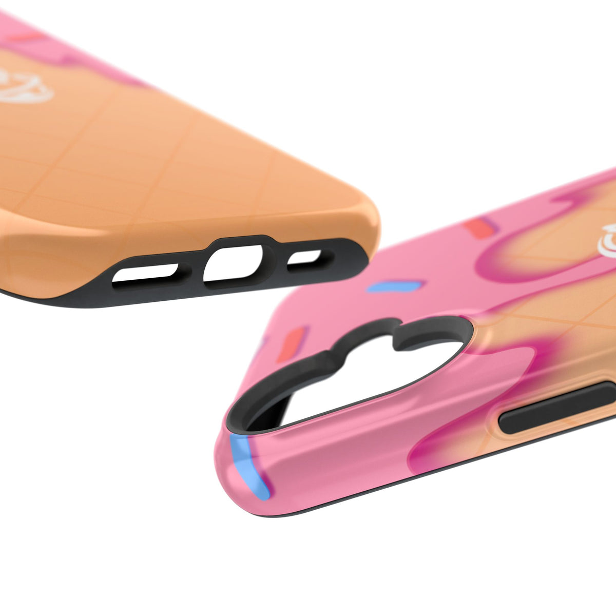 Printify strawberry drip MagSafe phone case with colorful strawberry design on a smartphone.