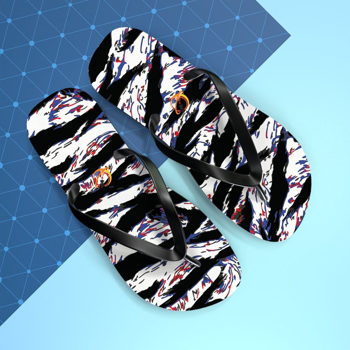 Printify Merica tiger stripe flip flops with black, white, and red tiger stripe pattern on casual shoes for summer wear.