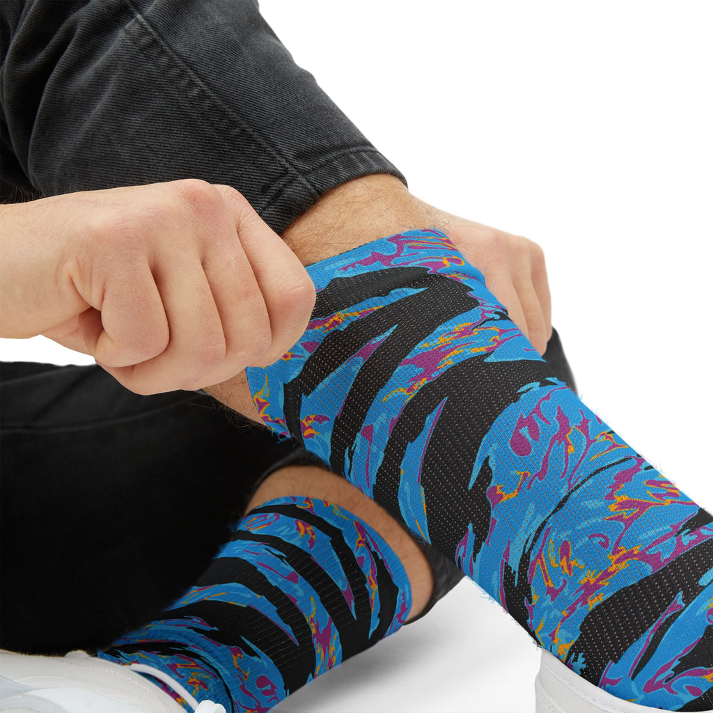 Printify Miami Tiger Stripe crew socks with bold all-over tiger stripe print and vibrant design on soft fabric.